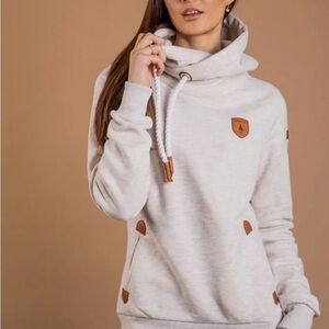 Wanakome Cream Hooded Funnel Neck Sweater with Brown Accents